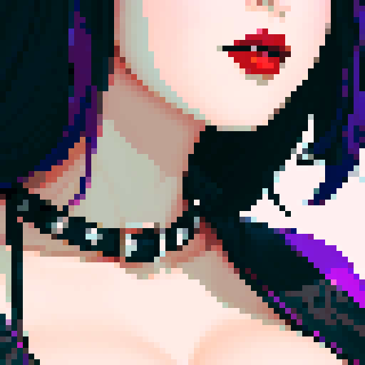curvy, busty goth, cute goth woman's face, black hair, purple eyeshadow, red lipstick, studded leather string bikini, face portrait, beauty photo, vibrant sRGB colors, pixel art