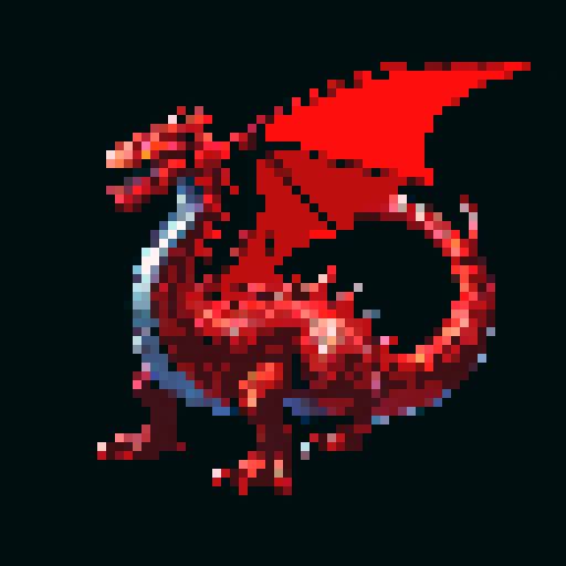 silver dragon, red scales, fire-breathing, dark environment, pixel art, sRGB