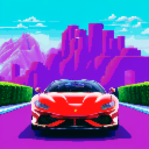 Photorealistic, centered Ferrari F8 in a three quarter view, right wheel in front, clean background, pixel art style with sRGB colors