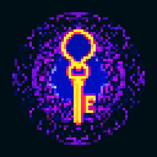 magical key, glowing with vibrant colors, surrounded by mystical symbols, rendered in intricate pixel art, against a background of dark sRGB hues

