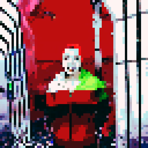 Demon slayer with fiery red hair and piercing green eyes stares fiercely at the viewer in a close-up character portrait, rendered in a vibrant anime style with intricate pixel art details