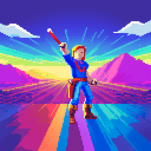 (first-person view), sword in hand, modern pixel art style, vibrant colors, dynamic action, 2D digital rendering, immersive game atmosphere, retro-inspired graphics, detailed pixel patterns, engaging environment, high energy, adventure-ready, captivating foreground, visually striking elements, lively background, nostalgic feel, 8-bit aesthetic, character perspective, interactive elements.