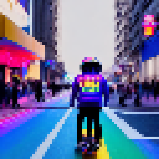 Rainbow-hued Joe Biden, rocking a helmet, cruising down a neon-lit street on a skateboard.