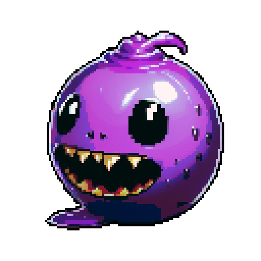A sinister, venomous slime with a deep purple color and a slick, glossy surface. It has sharp, predatory eyes and an evil smirk, with venomous bubbles swirling within. No background.
