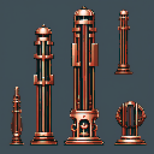 I want a tall vertical copper structure reminiscent of a organ pipe. It should have strange mechanical details that could interlock with each other. I also want this object usable an asset in a videogame, meaning only one object per image, outlined with a strong black stroke, on a solid-color background.