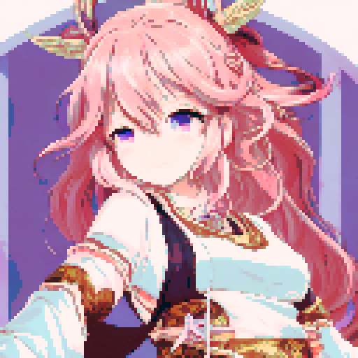 Yae miko, with flowing ribbons in her hair and a serene smile on her face, gazes out from atop a pixelated, pastel pink hill, surrounded by a sea of cherry blossoms and framed by a sweeping, golden sun