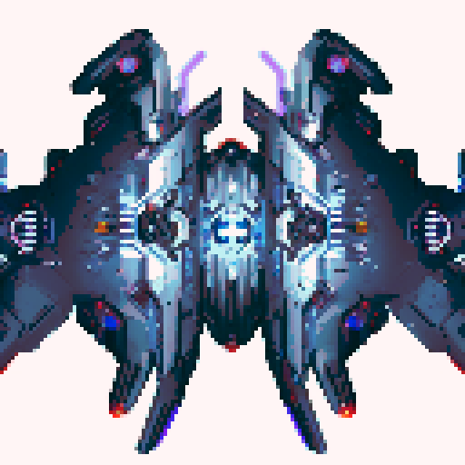 sleek and angular space battleship, glowing blue propulsion engines, futuristic design, metallic hull with rivets, pixelated details, vibrant colors, starry background, shooting laser beams, intense action, dynamic composition, pixel art