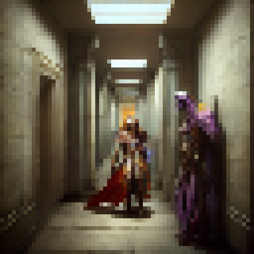 "Fantasy RPG style image of an assassin dashing down a hallway, illuminated by the bright, vibrant colors of the body hanging from the ceiling behind them."