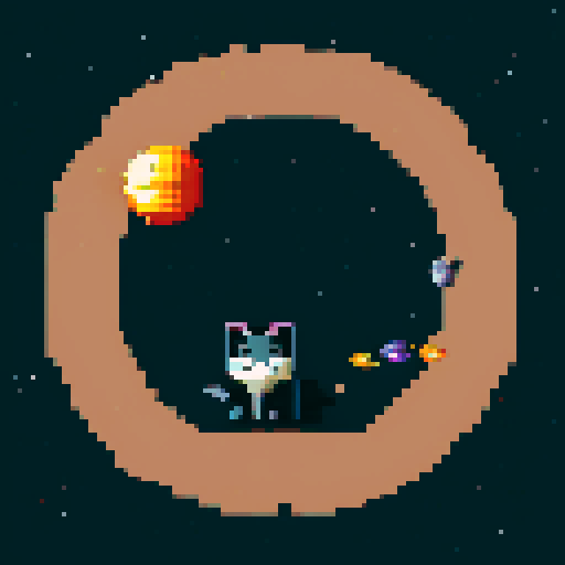 black cat with orange eyes, wandering through galaxies and space, surrounded by planets and comets