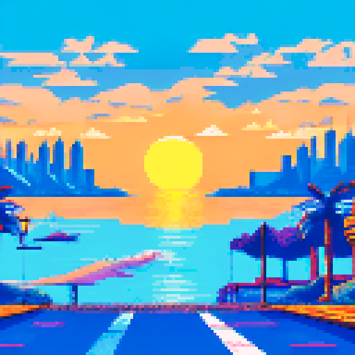 Monaco skyline at sunset, towering palm trees, sparkling ocean, grandstands filled with spectators cheering on their favorite racer, all depicted in retro pixel art style with a muted sRGB color palette