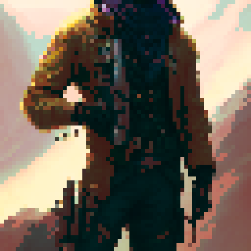 Steampunk hunter dressed with long coat with rifle on back and pistol on hand viewed from top down perspective