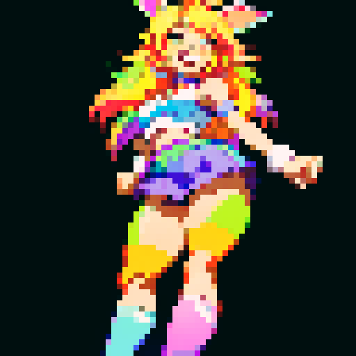 Lola bunny, energetic and vibrant, with a mischievous glint in her eye, surrounded by a rainbow of colors, in a pixel art style reminiscent of 8-bit video games