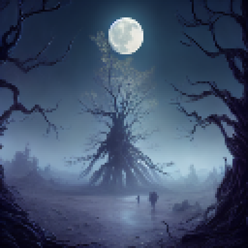 Moonlight illuminates a twisted skeleton tree, its gnarled branches reaching skyward amidst a mystical forest filled with glowing flora and fauna in a vibrant, ethereal Fantasy RPG world.
