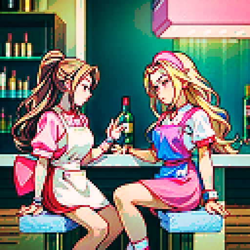 A nail tech with long blonde hair wearing a pink apron and a girl with brown hair sitting and facing each other in a nail salon. Nail polish bottles and UV lamps