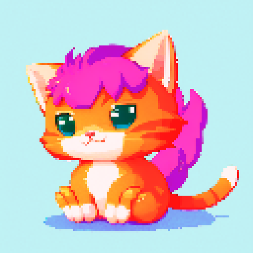cute cat, vibrant colors, pixelated fur, playful expression, animated pose, retro video game vibes, 8-bit graphics, blocky pixels, sRGB color palette