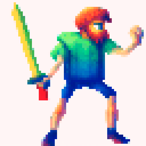 Vibrant orange and red hues saturate the sky as a fierce warrior, wielding a gleaming longsword, stands atop a lush, rolling grassy hill, poised for battle in a pixel art landscape
