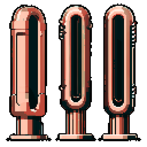 I want a tall vertical copper structure reminiscent of a organ pipe. It should have strange mechanical details that could interlock with each other. I also want this object usable an asset in a videogame, meaning only one object per image, outlined with a strong black stroke, on a solid-color background.
