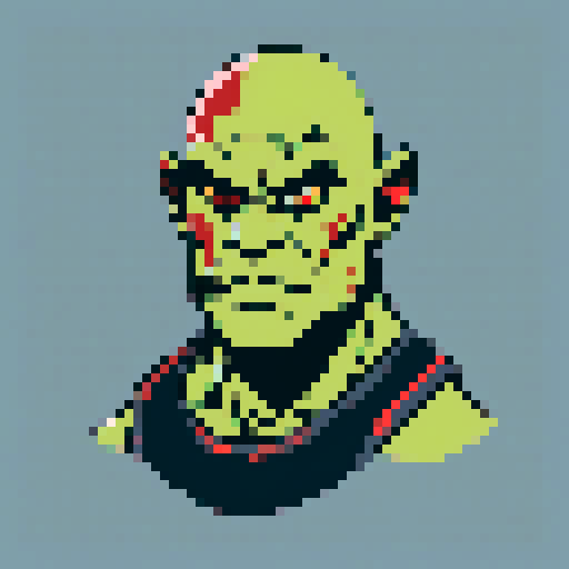 portrait, male orc, bald, red eyes, green skin, shoulders up, pixel art