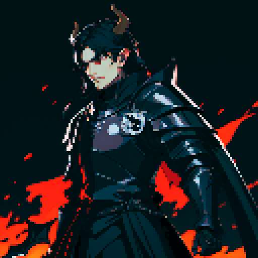 black armor, sexy, long black hair, male knight, man, demon knight, demonic wing, horns, black hair, black armor, dark background