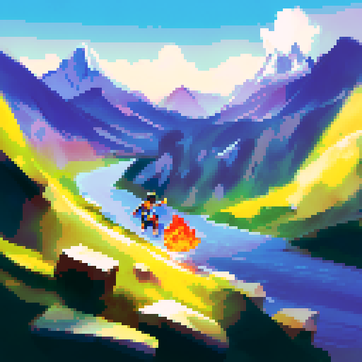 Athlete sprinting, leaping, dodging flames, hurdling obstacles, with fiery backdrop, towering mountains