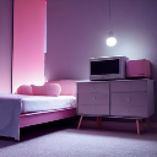 a 1980s style bedroom at night with moody pink hue lighting, with an old tv and old computer on