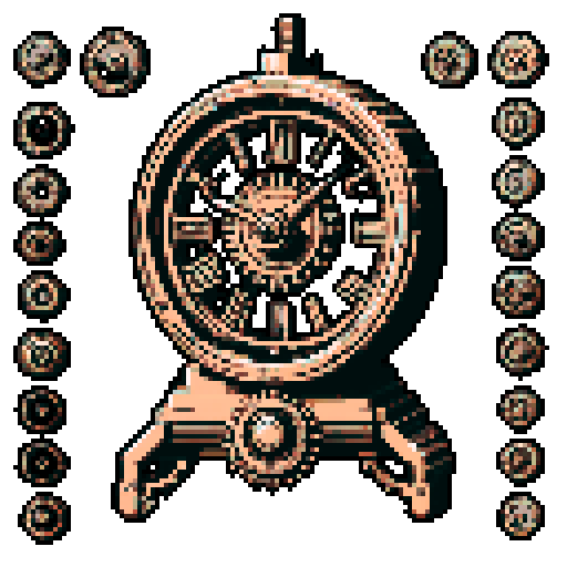 I want a copper gear that looks like it was made by a master clockmaker. It should have strange mechanical details that could interlock with each other. I also want this object usable an asset in a videogame, meaning only one object per image, outlined with a strong black stroke, on a solid-color background.