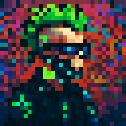 punk with neon green mohawk, futuristic sunglasses, pixelated skull face, glowing digital tattoos, cybernetic arm, vibrant street graffiti background
