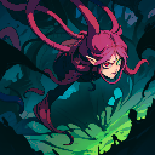 eldritch being, tentacles writhing, full body floating, brain pulsating, many eyes staring, eyeballs bulging, sRGB pixel art