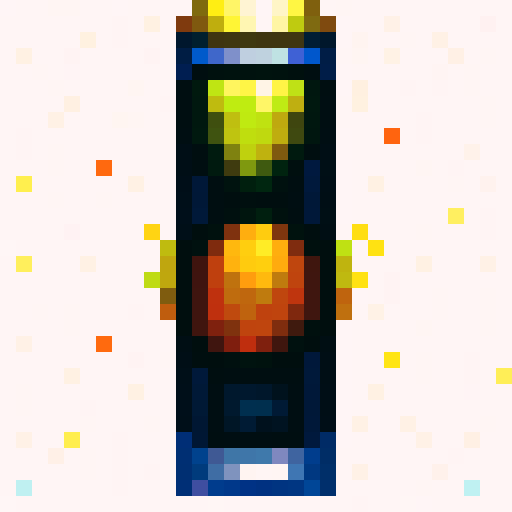 Close-up anime-style pixel art portrait of a juicy, ripe mango exploding into a vibrant splash of golden yellow and orange, with droplets of sweet nectar and pulp flying through the air.