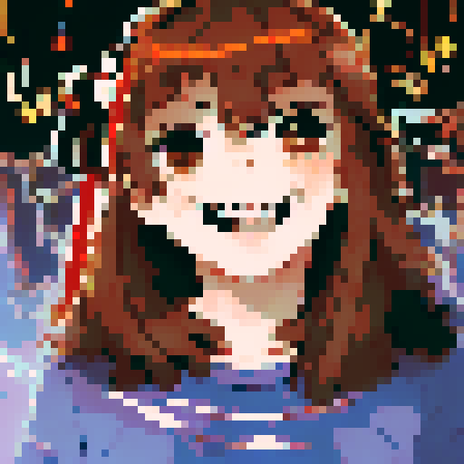Brown and red-haired girl with a beaming smile framed by billowing blue curtains, captured in a character portrait with close-up details and an anime style, rendered in pixel art