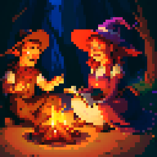 A group of adventures gather around a campfire telling stories to eachother. The male warrior is leaning forward, on hand resting in his lap, the other raised up in a jovial manner as he regales the tales of his travels. The female wizard, whom is rather voluptuous, keeps to herself as she reads her book of spells in one of her hands, the other playing with a little flame wick. The wizards legs are crossed  under her long violet dress, her big rimmed hat resting stop of her head.