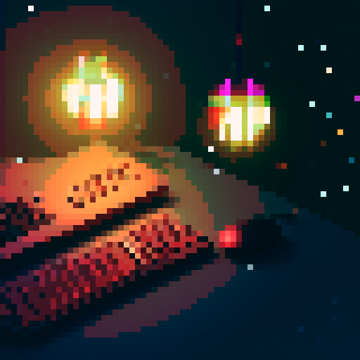 keyboard, mouse, decorated Christmas tree with twinkling lights instead of monitor, desk, 8-bit, retro video game aesthetic