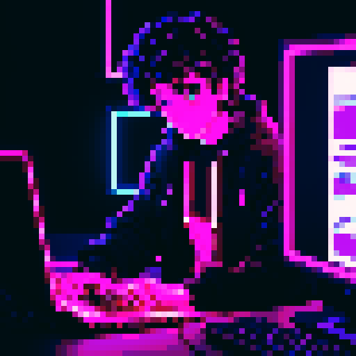 brunette curly boy developer, coding on screen, neon lights glowing, cyberpunk colors, pixel art, sRGB
