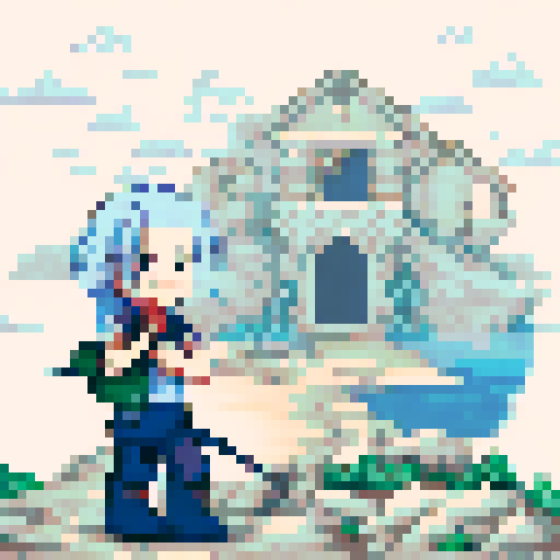 1giri with gray hair, twin tails, hugging a fish in a pixel art landscape with a colorful sRGB background