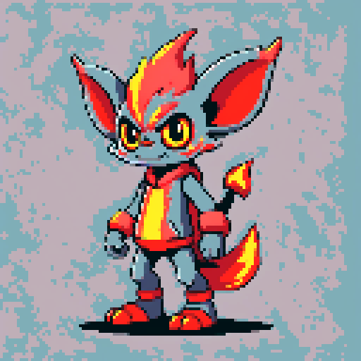 A fire imp. furry and gremlin-like. on a gray background.
