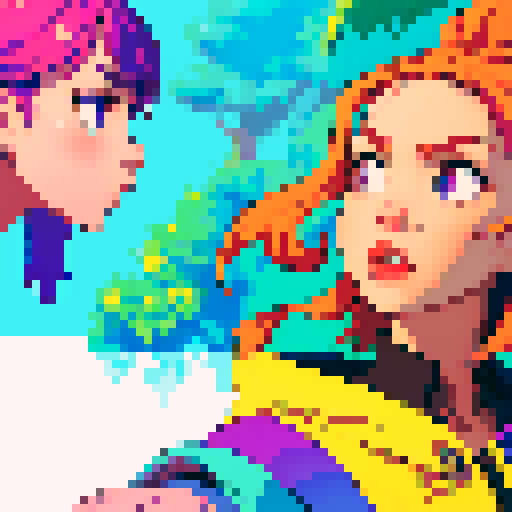 Two people, focused and determined, collaborating on a project with vibrant colors, intricate details, and a pixel art style, bringing their creative vision to life with each stroke and pixel