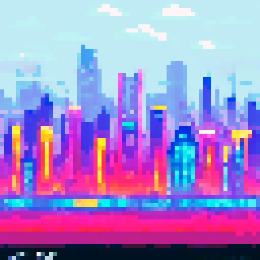 Futuristic, sleek lines of a transparent logo for a battle fleet commander, set against a sprawling, neon-lit metropolis with towering skyscrapers and bustling air traffic, all rendered in vibrant sRGB pixel art