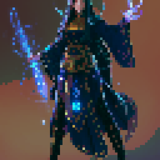 female wizard, long flowing robes, glowing staff, arcane symbols, casting spell, swirling vortex, colorful magic, fantastical landscape, ethereal realm, classic fantasy RPG, pixel art, sRGB