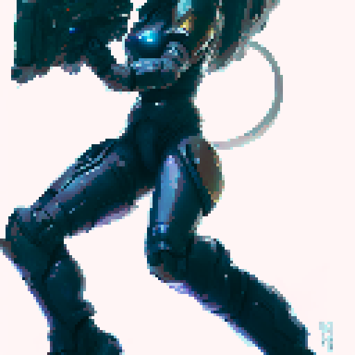 samus-aran type female character with anime eyes, no helmet, arm weapon like samus, medium sexy butt and boobs, standing facing right idle, fantasy RPG