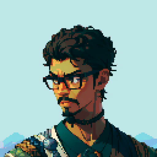 Southeast Asian man, short curly hair, round glasses, tanned, goatee, diamond shaped face