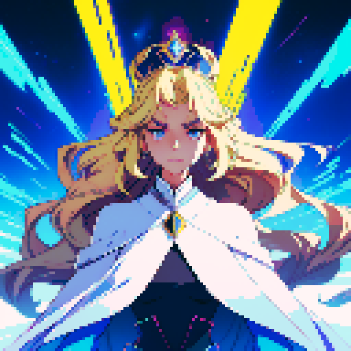Elegant princess with flowing gown and futuristic crown, blonde hair, blue eyes, surrounded by futuristic space scenery in vibrant sRGB pixel art style, inspired by JRPG aesthetics
