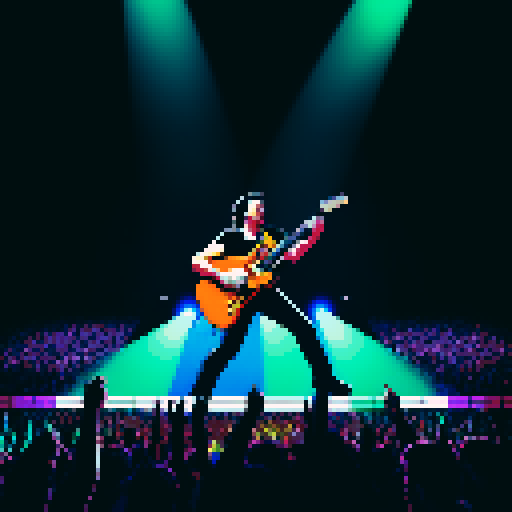Bruce Springsteen silhouette, bold black lines, vibrant colors, pixelated style, sRGB palette, energetic stage presence, iconic guitar stance, dynamic pixel art rendition, nostalgic 8-bit graphics, electric atmosphere, captivating stage lighting, pixel-perfect details, retro video game vibes, crowd cheering, pulsating rock music, powerful lyrics