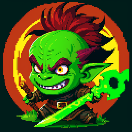 Fantasy Medieval Goblin Warrior, fierce and battle-worn, brandishing a wickedly curved blade, with glowing green eyes and spiky crimson hair, depicted in pixel art style, vibrant and vibrant colors in the sRGB color space