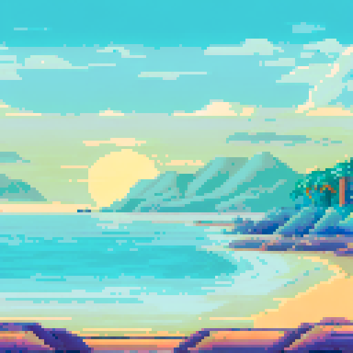 sunrise, calm ocean, horizon, rock columns, palm trees, clouds, pixel art, sRGB, beach, background, landscape

