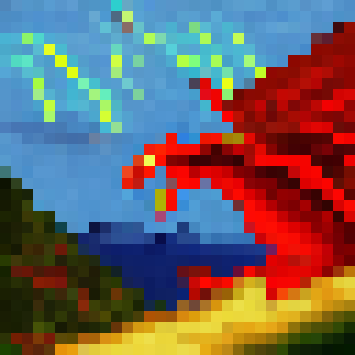 A fiery, winged dragon clashes with a stormy, lightning-filled sky over a mountainous landscape in pixel art reminiscent of classic video games.