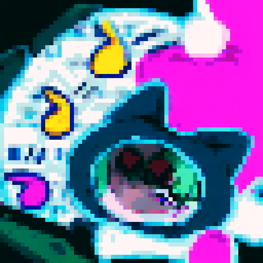 "Render a pixelated anime-style character portrait with a close-up view of their piercing green eyes and spiky blue hair, framed by a glowing neon sign in the background."