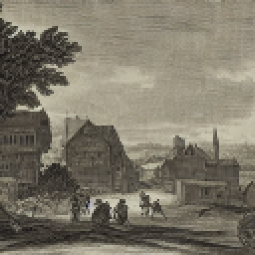 landscape with wood and stone buildings, people crafting and fighting monsters