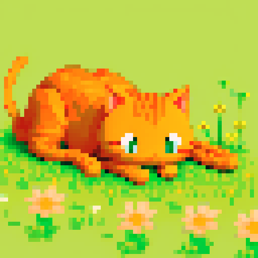 orange cat lying on the meadow, dragonfly on its head, warm summer sun, warm tones
