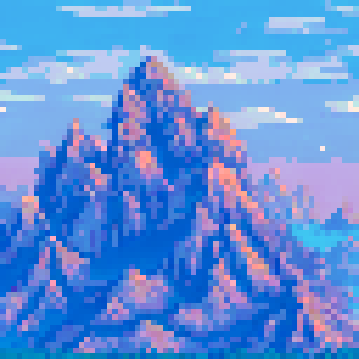 A towering mountain range, its jagged peaks piercing the clouds, set against a fiery sunset with a shimmering lake reflecting the warm hues, all in a pixel art style with a sRGB color palette