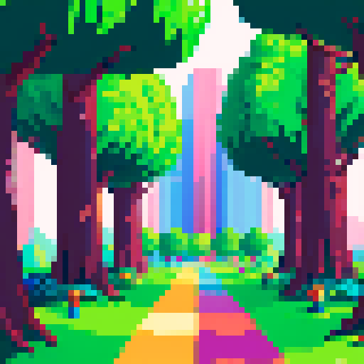 Vibrant, towering, and lush trees surrounded by a pixelated world of vibrant colors